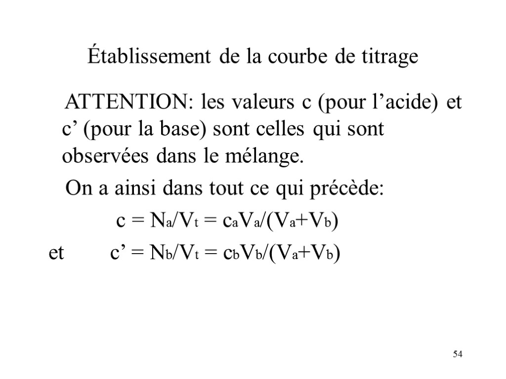 54 Établissement de la courbe de titrage ATTENTION: les valeurs c (pour l’acide) et